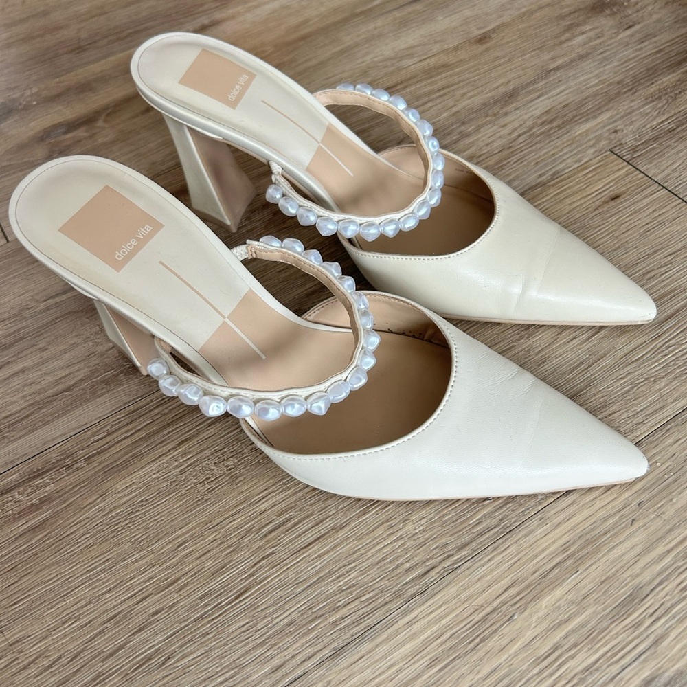 Dolce Vita Cream Pearl-Embellished Pointed Toe Heels